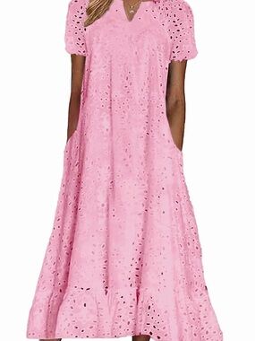 ⛵️FINAL SALE! Women's Pink Eyelet Midi Dress with Pockets